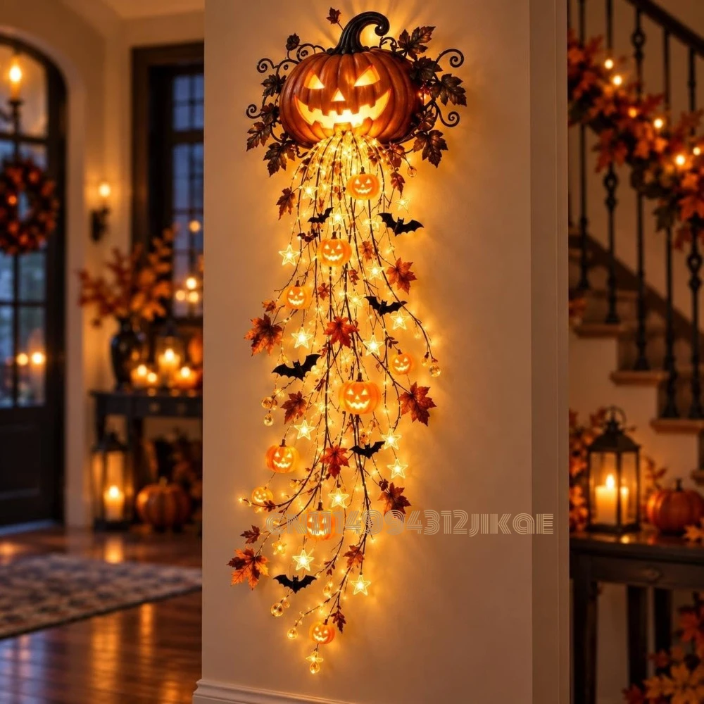 Halloween Led String Lights Orange - Elegante Halloween-wandlampencollectie met waterval-effect, pompoenlampjes met