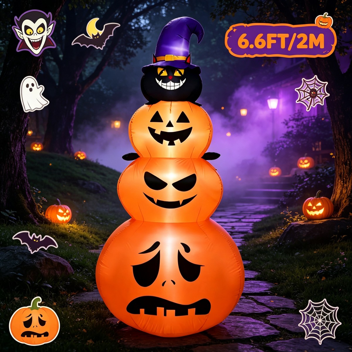 Halloween Pumpkin Decor Led - Buitenfeestdecoraties Halloween Opblaasbare Stapelbare Pompoen Zwarte