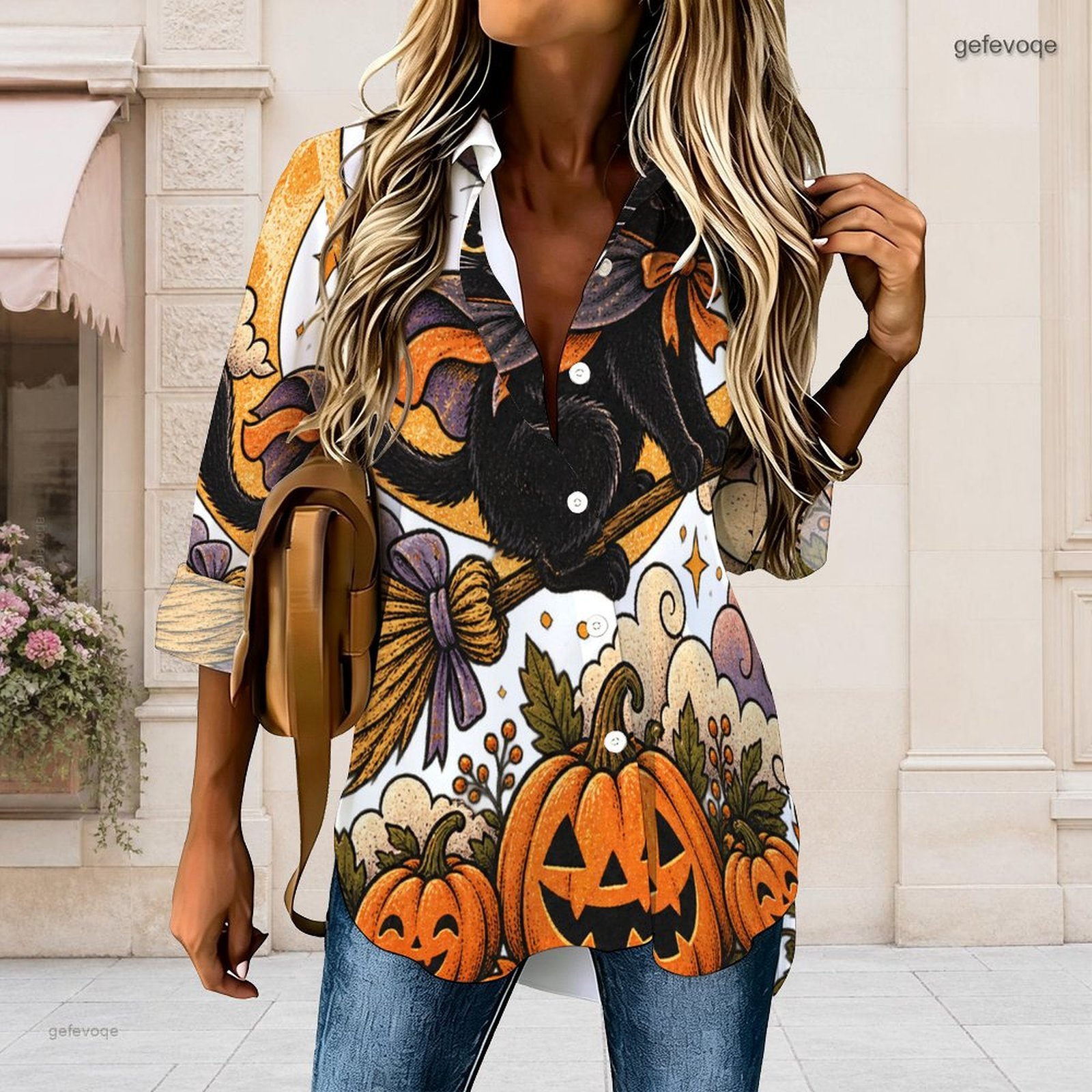 Pumpkin Lantern Halloween - Dames Halloween-geprint overhemd met kraag, zwarte